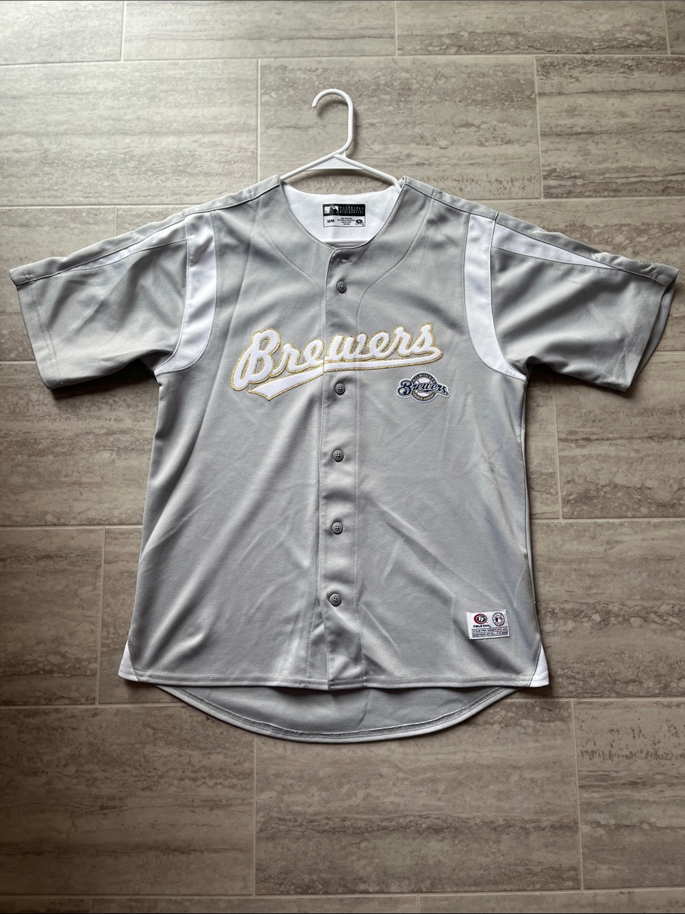 Majestic Brewers Gray and Cream Button-Front Jersey